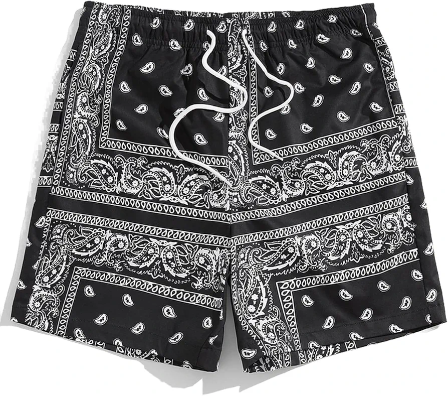 Men's Shorts Men Drawstring Waist Paisley Print Shorts Shorts for menWellproof (Color : Black and White, Size : Large)