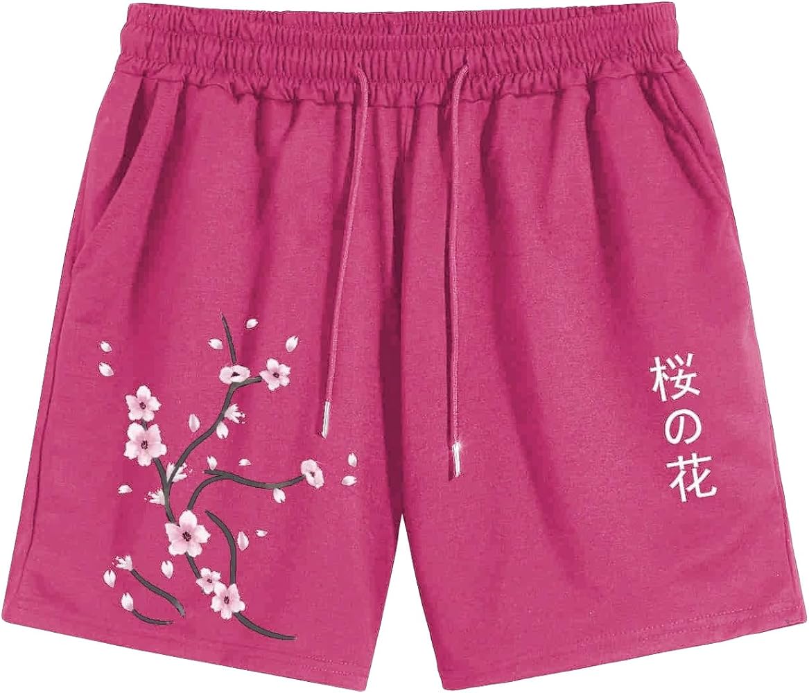 WDIRARA Men's Rose Letter Graphic Print Drawstring Waist Active Pocket Shorts