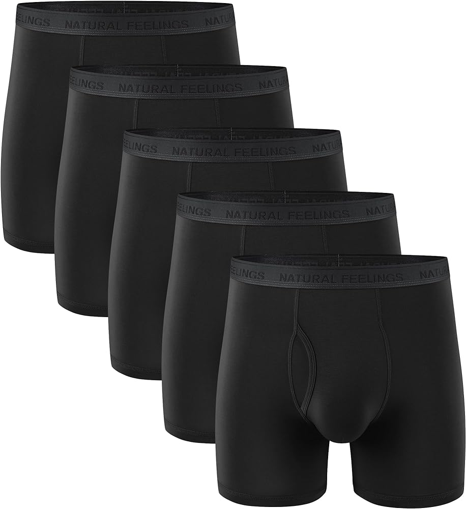 Natural Feelings Mens Underwear Bamboo Viscose Boxer Briefs Breathable Underwear Regular Long with Open Fly 5-Pack