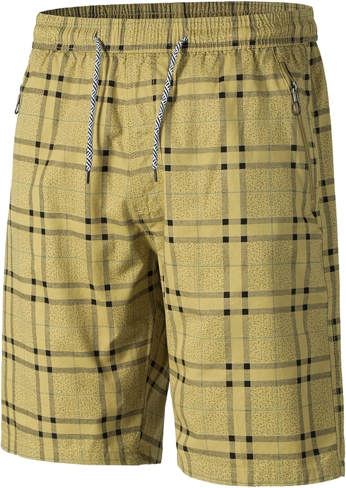 Men's Casual Plaid Beach Shorts, Soft Cotton Shorts with Drawstring Elastic Waist and Zipper Pockets