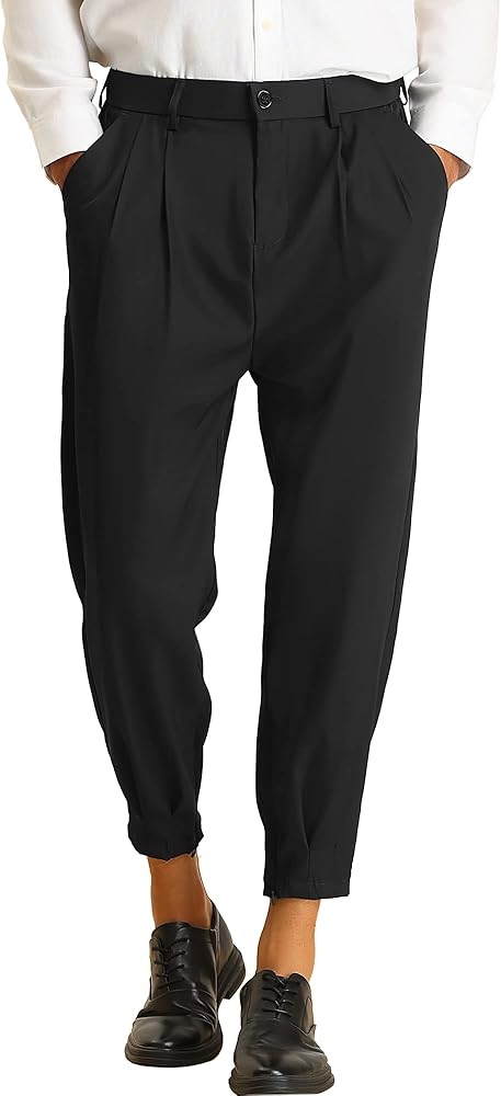 Lars Amadeus Cropped Pants for Men's Pleated Front Tapered Chino Pants Formal Dress Trousers