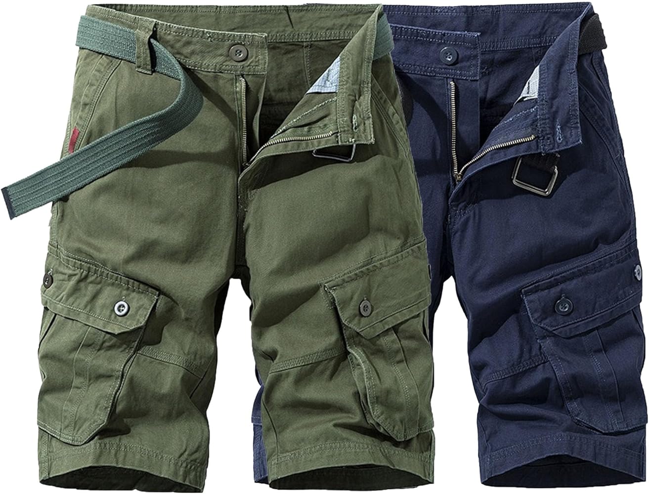 Men 2Pack Casual Loose Fit Military Shorts Straight Leg Cotton Work Cargo Shorts Fashion Multi-Pocket Outdoor Short