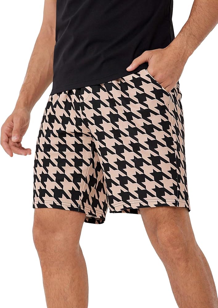 WDIRARA Men's Houndstooth Print Shorts Drawstring Waist Straight Leg Casual Shorts with Pockets