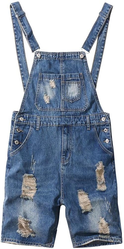 Men's Slim Ripped Blue Denim Bib Overalls Shorts