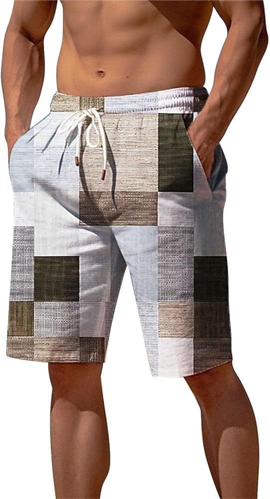 Big and Tall Summer Beach Bermudas Shorts Drawstring Elastic Waist Graphic Color Block Mens Plaid golff Shorts Summer