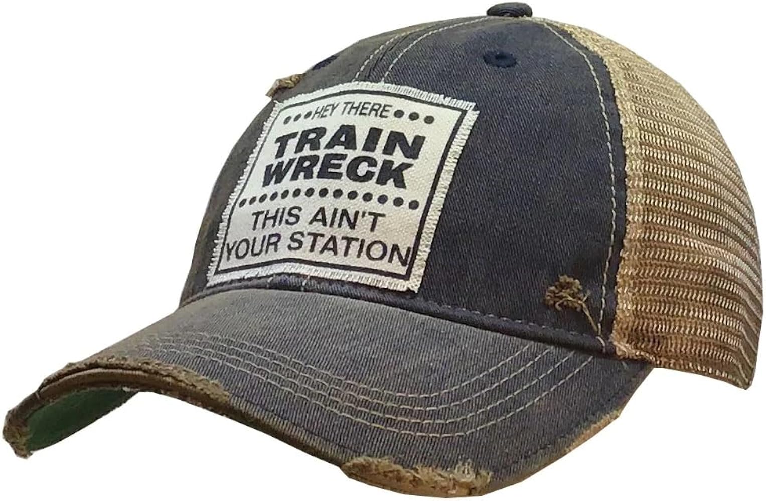 VINTAGE LIFE Hey Train Wreck This Ain't Your Station Distressed Trucker Cap, One Size, Navy Blue, Cotton and Polyester, Headgear, Hat, Headwear