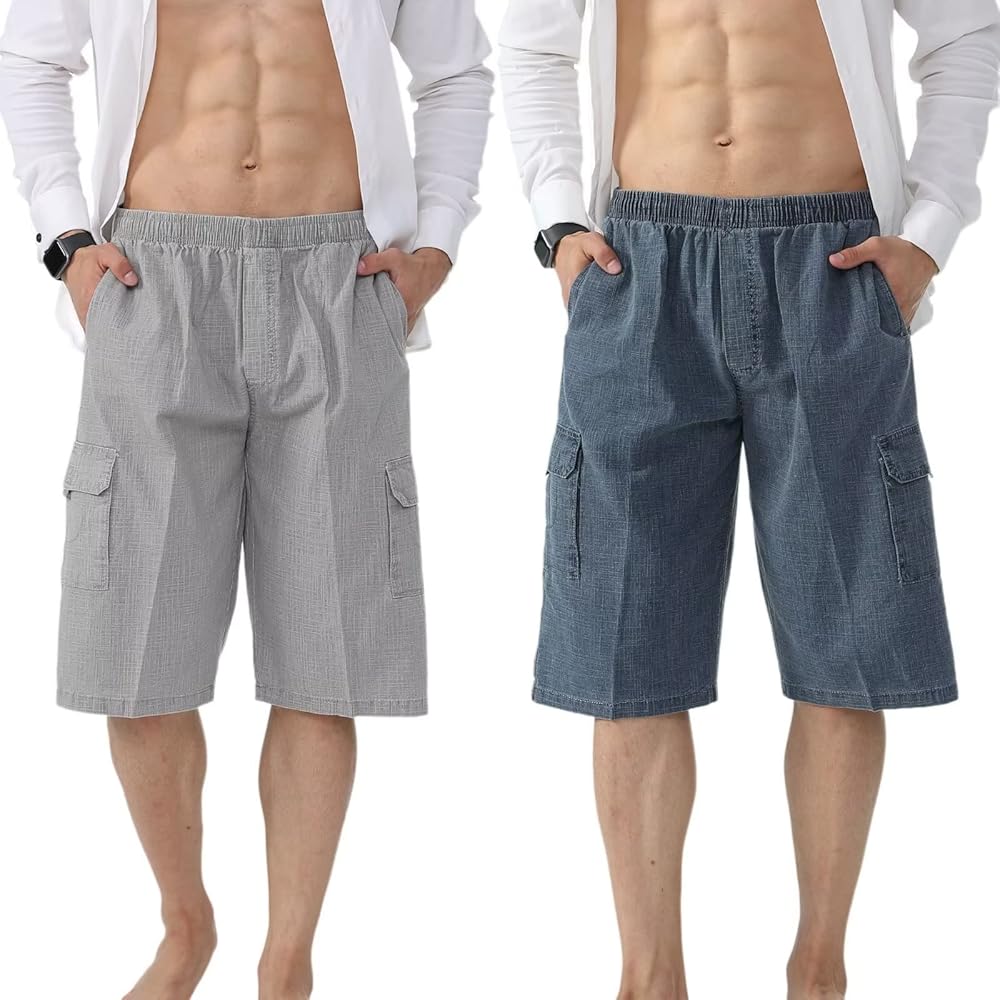 Men’s Linen Casual Beach Shorts Cargo Summer Classic Shorts with Drawstring Elastic Waist