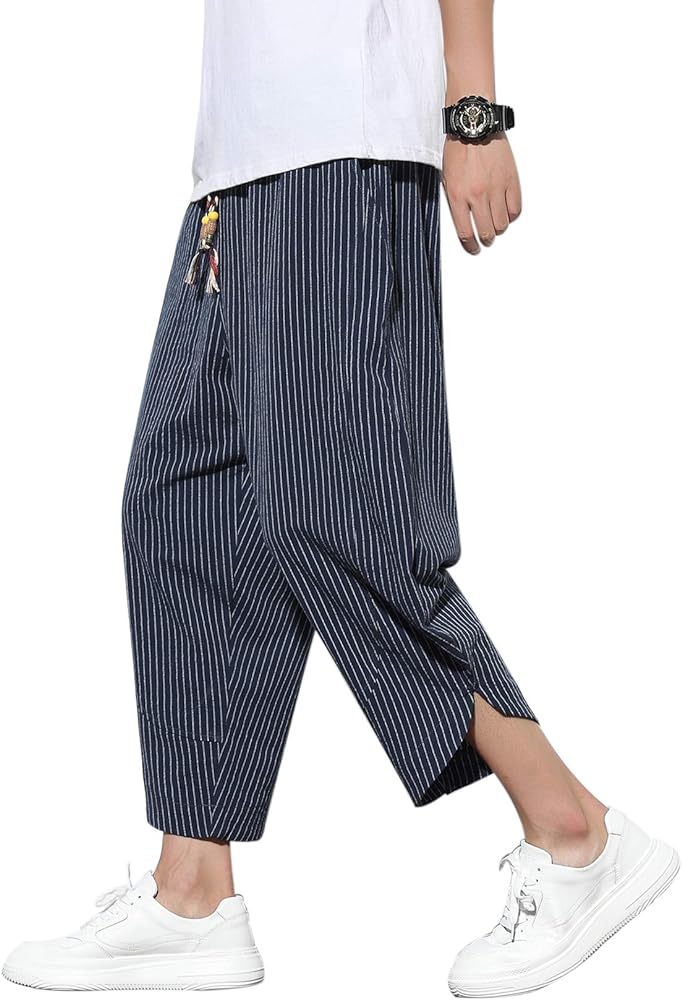 DOSLAVIDA Men's Casual Elastic Waist Linen Capri Pants Wide Leg Baggy Cotton Harem Yoga Trousers Loose Patchwork Shorts