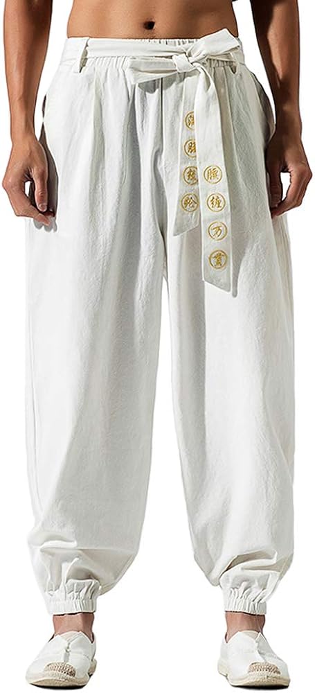 HAORUN Men Chinese Style Kung Fu Pants Tai Chi Loose Trousers Linen Casual Retro Wide Leg White