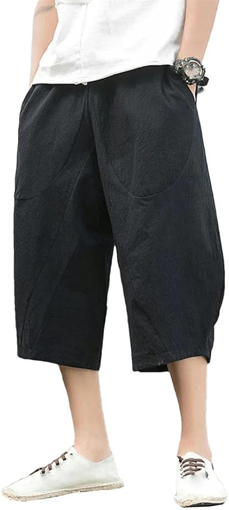 Harem Pants Beach Cotton Linen Pants Mens Cargo Trouser Casual Elastic Waist Linen Baggy Drawstring Pocket Loose Shorts