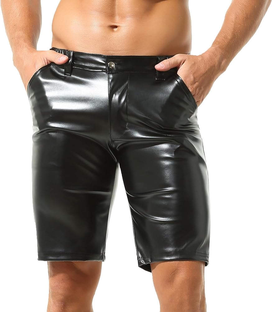 QiaTi Men's PU Leather Shorts Elastic waist Men Casual Shorts Zipper Men Sexy Shorts with Pockets for Workout Party