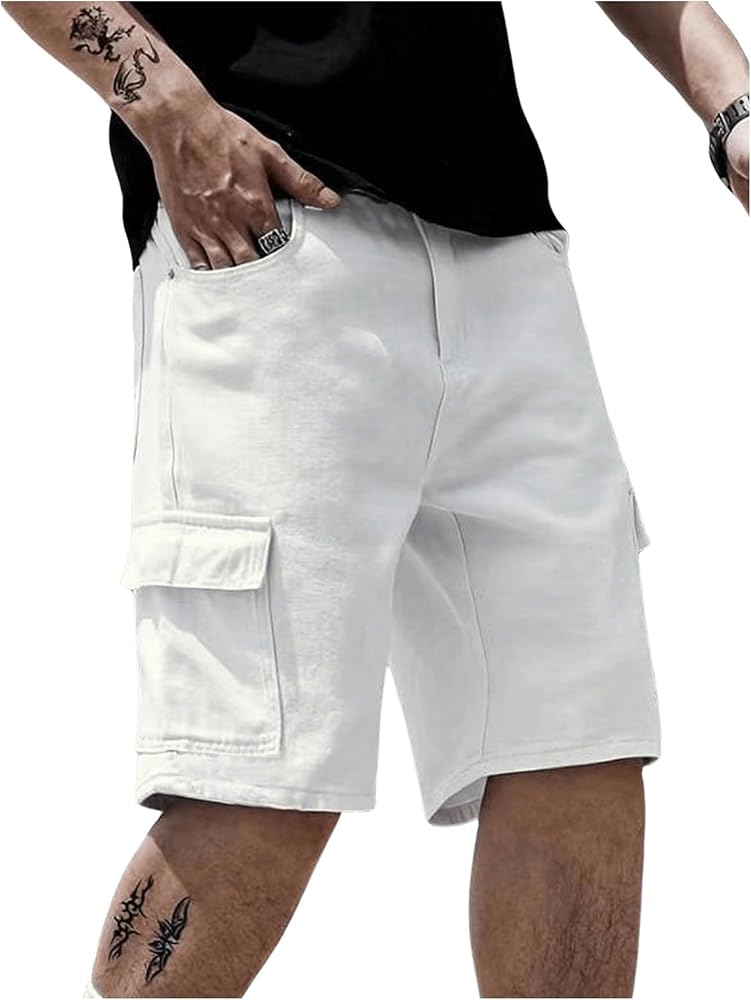 Verdusa Men's High Waist Straight Leg Cargo Shorts Solid Casual Shorts with Pockets