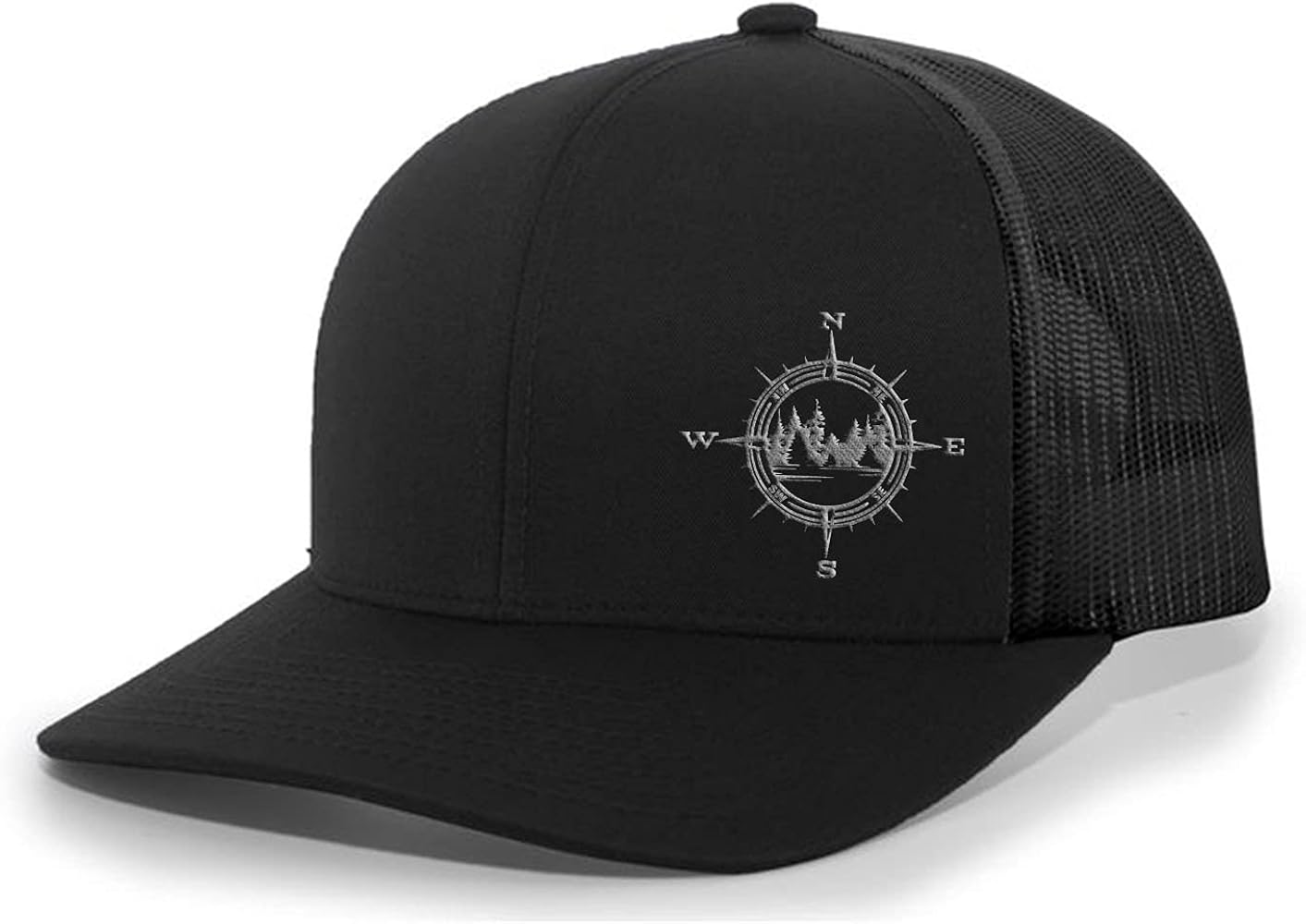 Men's Outdoors Mountain Scenic Forest Compass Woodland Embroidered Mesh Back Trucker Hat