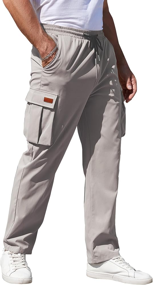 Mens Cargo Pants Drawstring Relaxed Fit Pants Stretch Elastic Waist Work Outdoor Casual Pants with Pockets (Gray,XL)