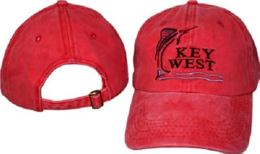 Key West Blue Marlin Red Jeans Washed Style Ball Cap Hat