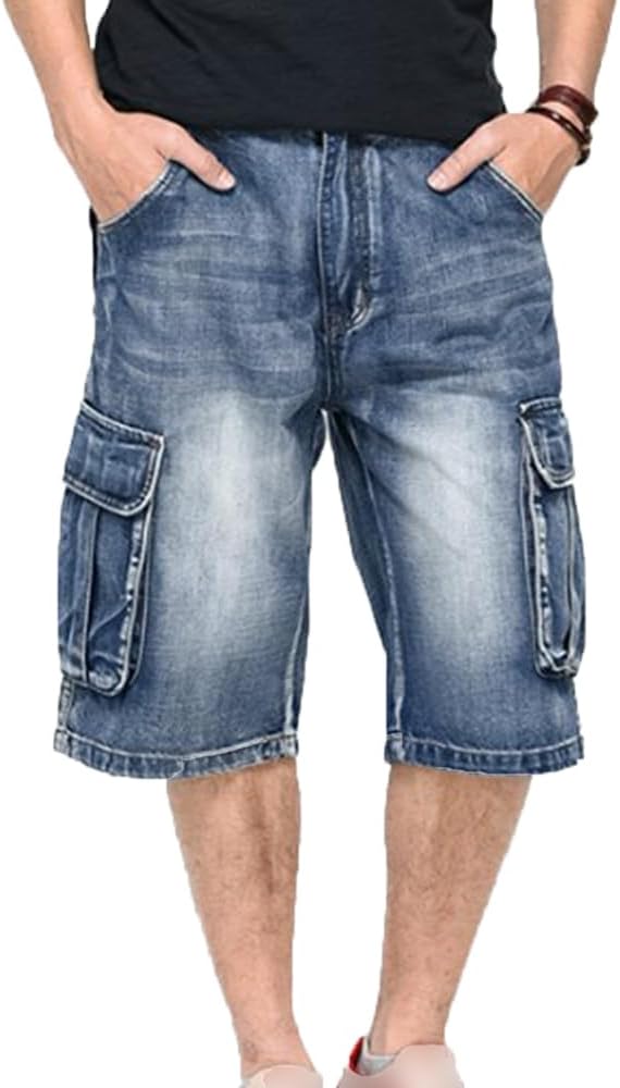 Men's 3/4 Cargo Biker Jean Shorts Vintage Distressed Denim Shorts Casual Multi-Pocket Short Pants