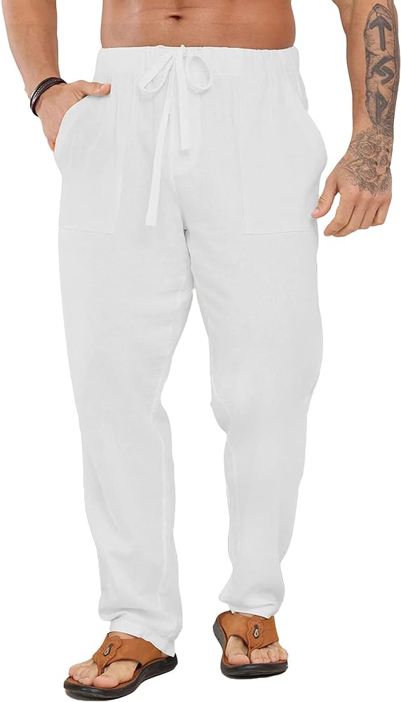 LVCBL Mens Linen Pants Cotton Beach Pants Elastic Waist Trousers Yoga Pants with Pockets