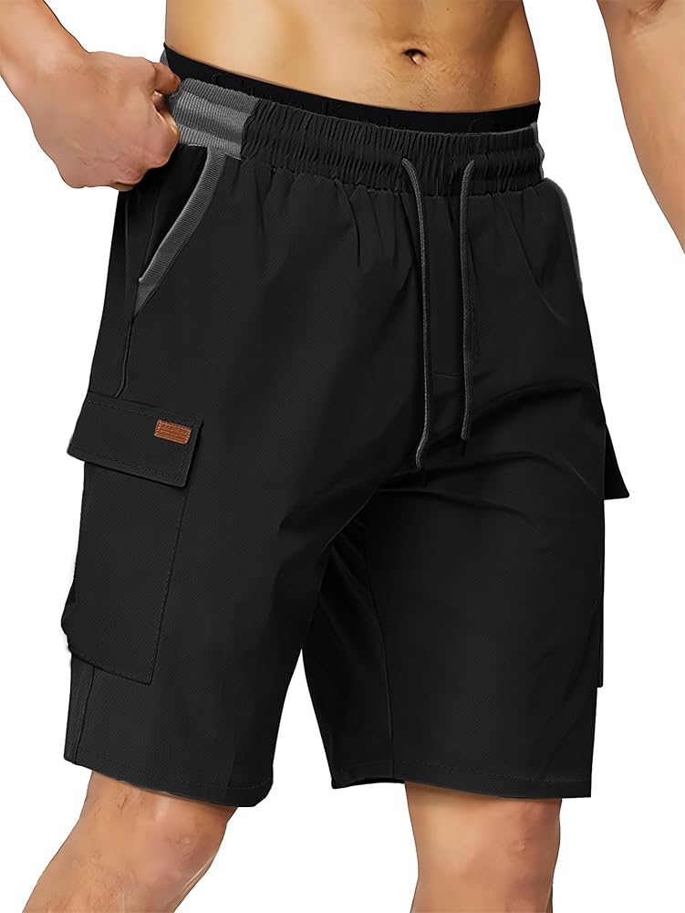 Mens Cargo Shorts Colorblock Elastic Waisted Drawstring Casual Short with 7 Pockets Beach Shorts(S-3XL)