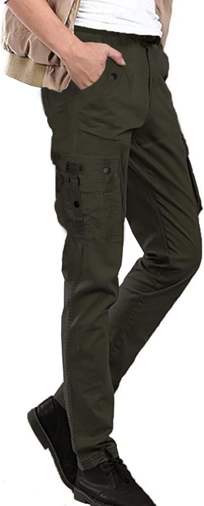 ETHANOL Men Relaxed Cargo Pants with 6 Big Pockets Casual Work Combat Trousers