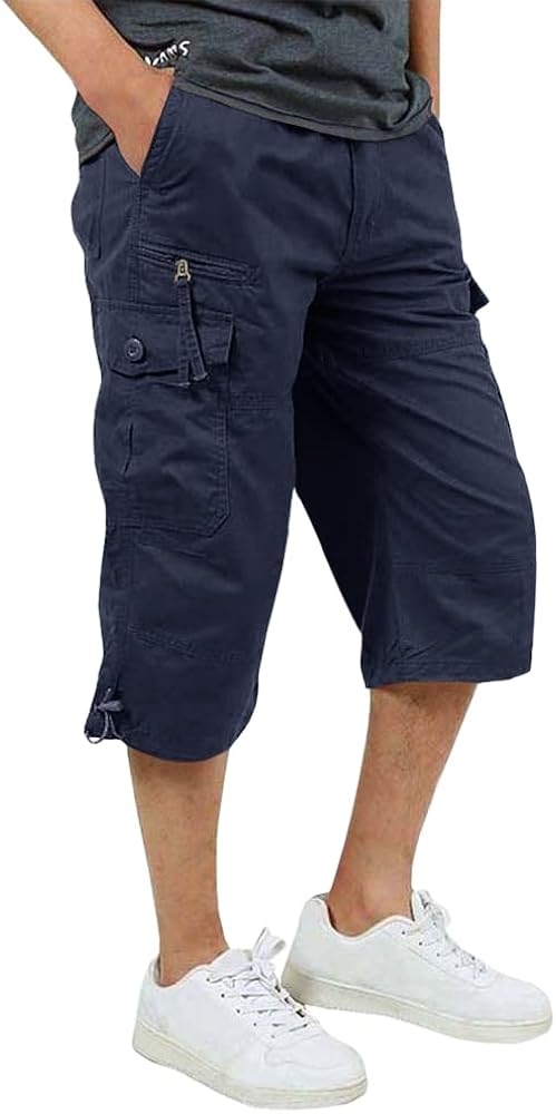 Men's 3/4 Capri Cargo Pants Below Knee Cotton Cropped 15" Inseam Hiking Short Pants with 7 Pockets