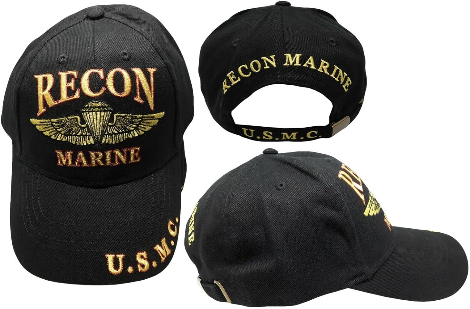 Recon Marine U.S.M.C. U.S. Marines Black Adjustable Embroidered Cotton Hat Cap - Officially Licensed