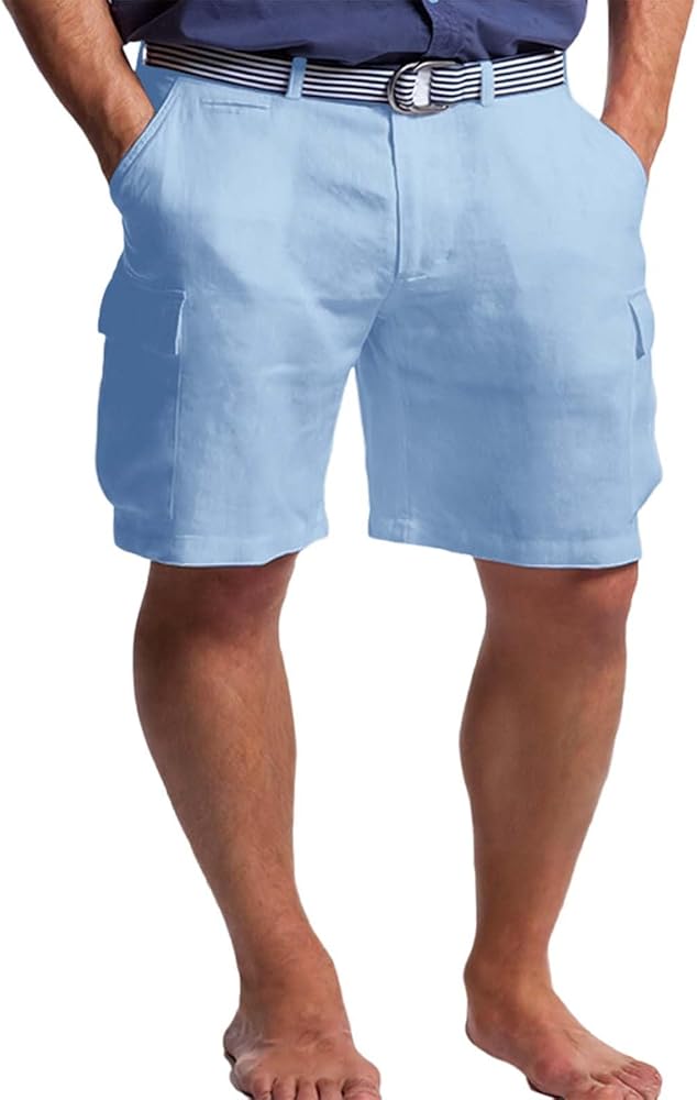 Mens Linen Shorts Casual Cotton Summer Bottom Button Beach Trunks Vacation Yoga Tennis Shorts with Multi-Pockets