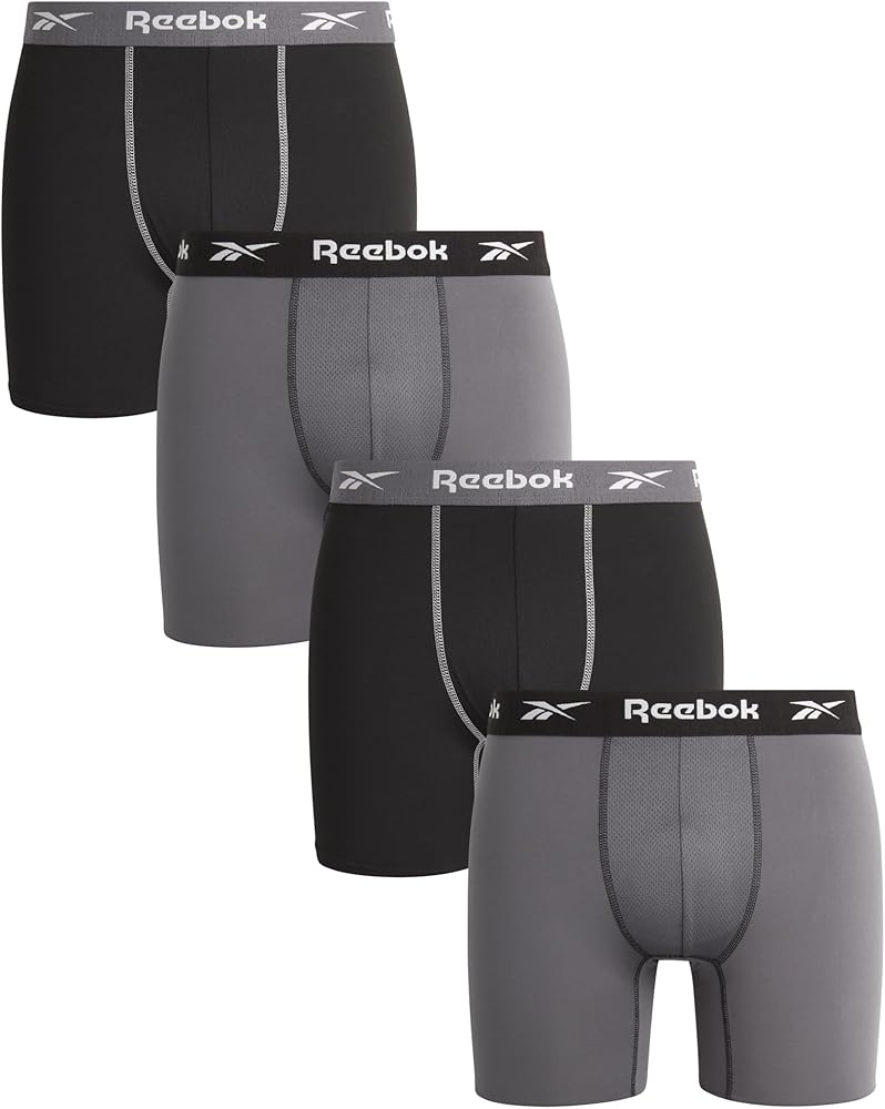 Reebok Men's Underwear - Performance Boxer Briefs with Fly Pouch (4 Pack), Size Large, Black