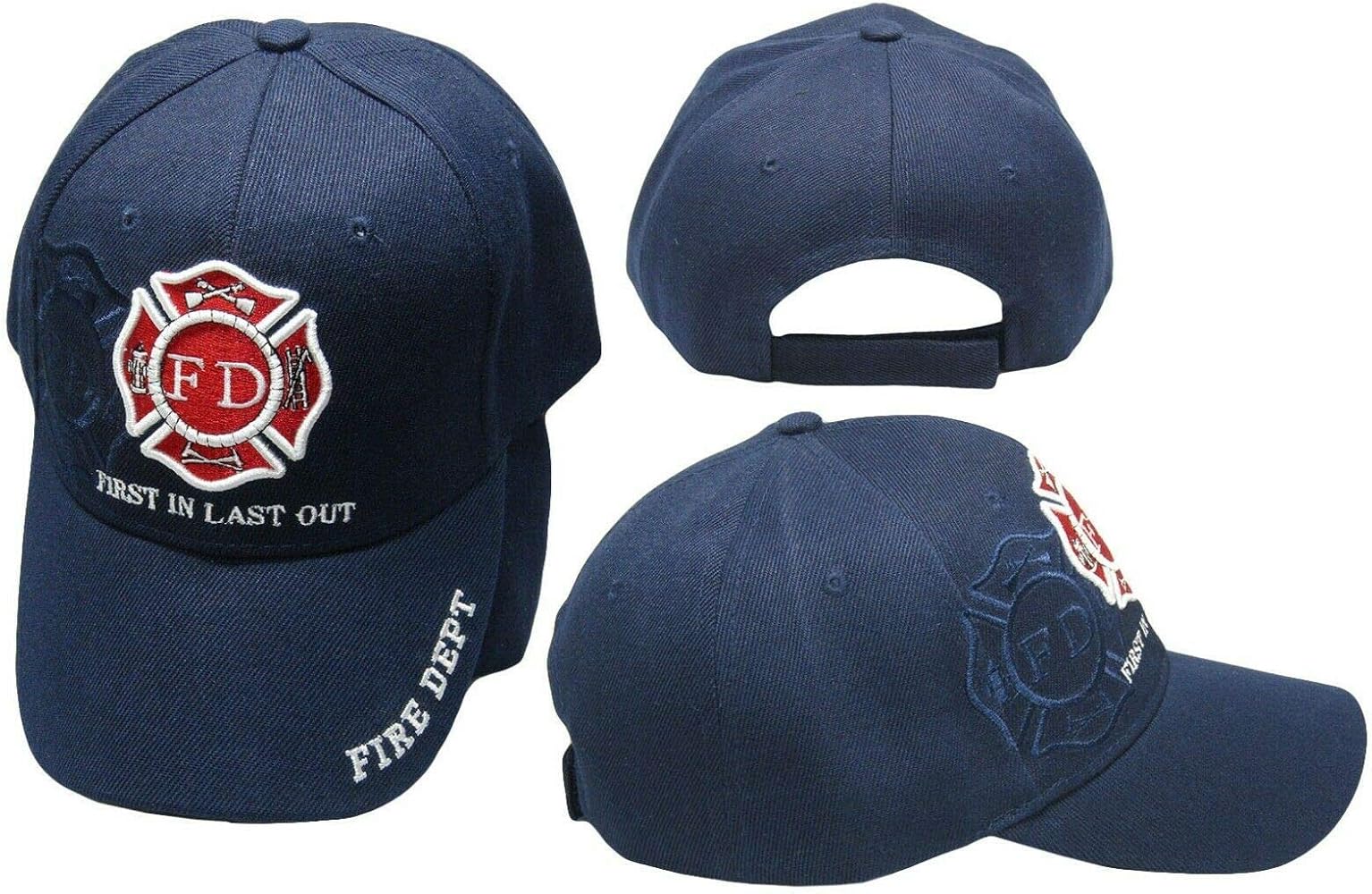 Fire Department Dept First in Last Out Navy Blue Shadow Embroidered Cap Hat