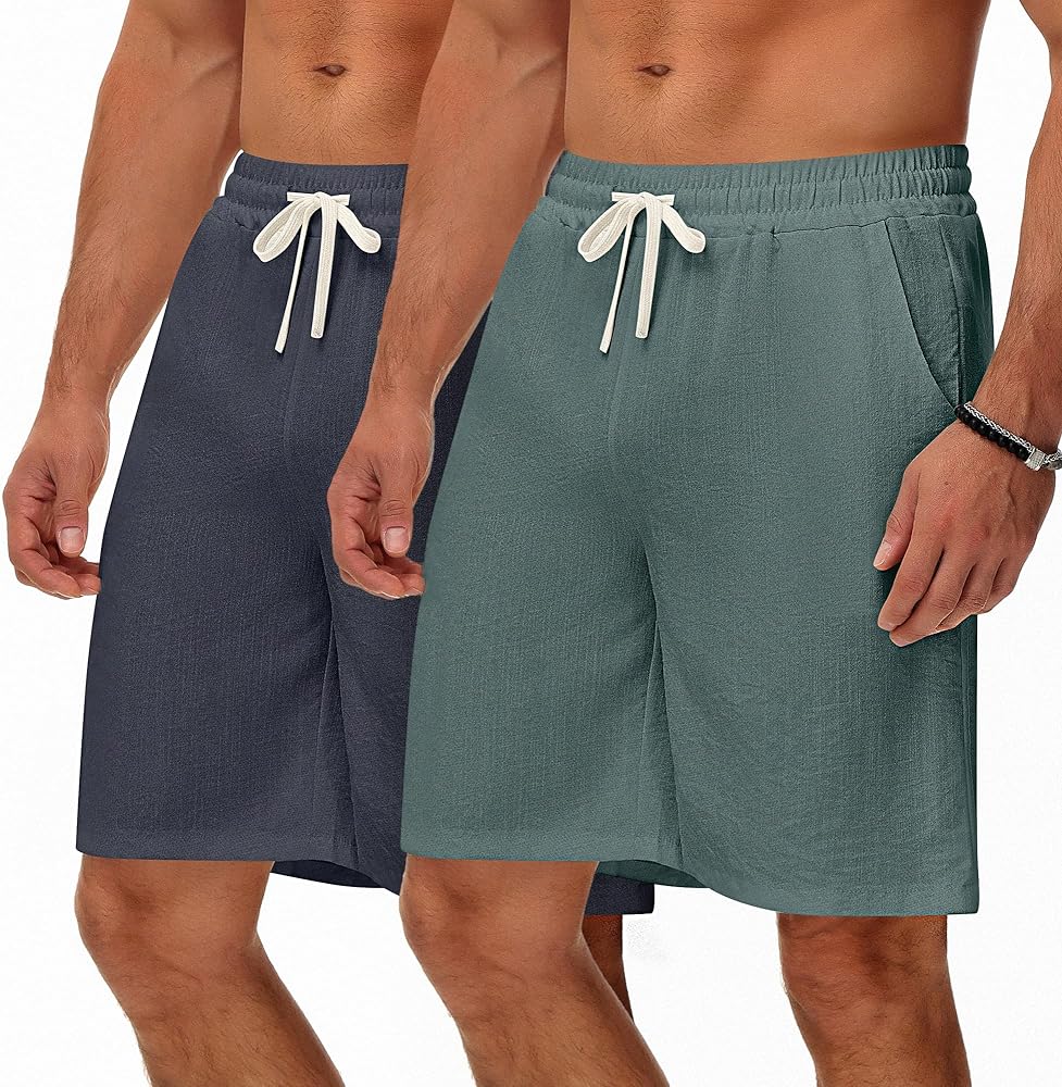 2 Pack Men's Cotton Linen Shorts Elastic Waist Drawstring Shorts Summer Beach Shorts Casual Shorts with Pockets