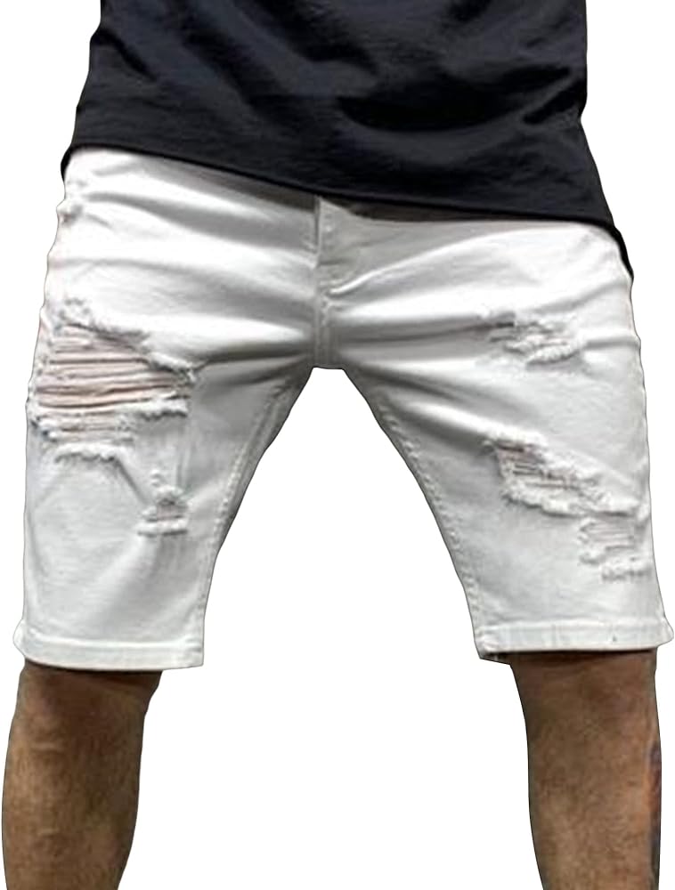 Men's Skinny Flex Distressed Mid Waist Jean Shorts Rolled Ripped Short Jeans Regular Fit Denim Shorts for Men