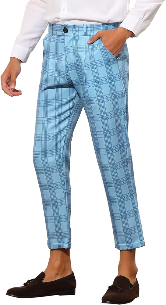 Lars Amadeus Plaid Dress Pants for Men's Slim Fit Ankle Length Tapered Checked Cropped Trousers