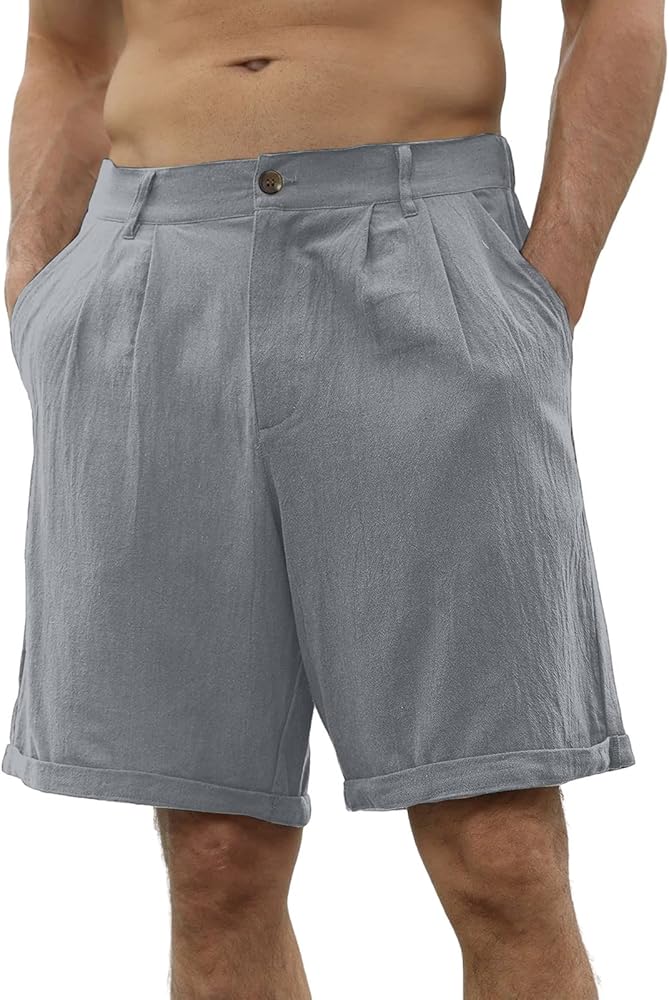 Men's Linen Bermuda Shorts Casual Lightweight Shorts Button Up Closure Elastic Waist Summer Regular Fit Beach Shorts