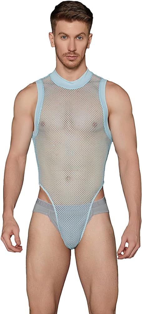 WDIRARA Men's Fishnet Mesh Mock Neck Tank Tops Sleeveless Tee Tops Bodysuit