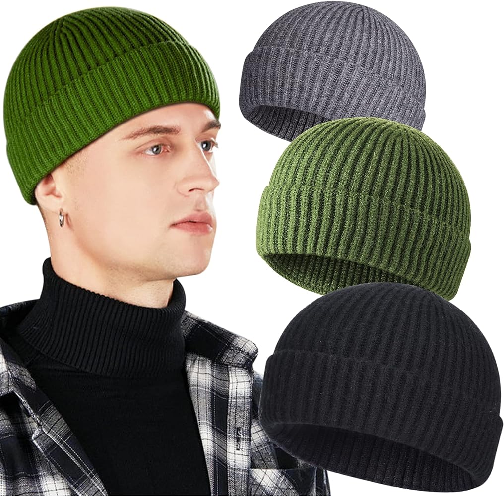 3 Pack Wool Fisherman Beanies for Men, Short Knit Watch Cap Cuffed Trawler Hats