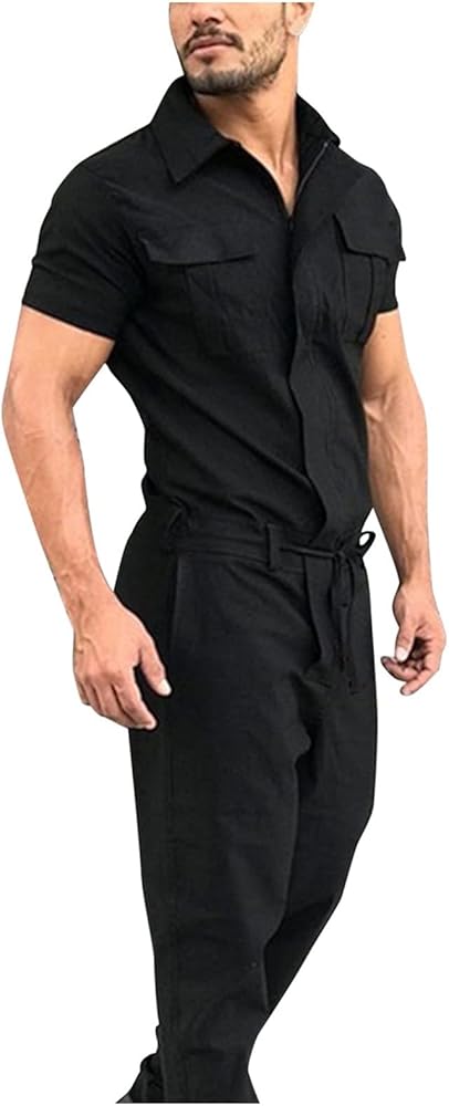 WENKOMG1 Mens Casual Overalls,Short Sleeve Zip Up Coverall Basic Work Wear Casual Slim Fit Jumpsuit Construction Pants