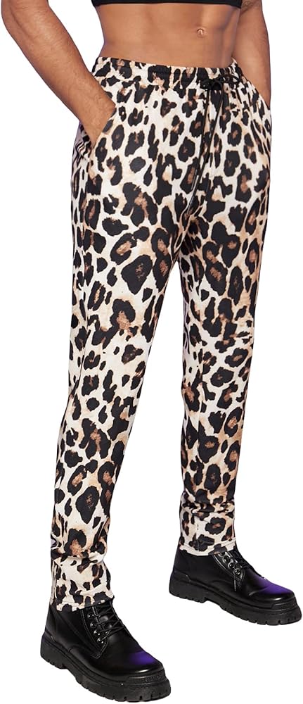 WDIRARA Men's Leopard Print Drawstring High Waist Straight Leg Long Pants with Pockets