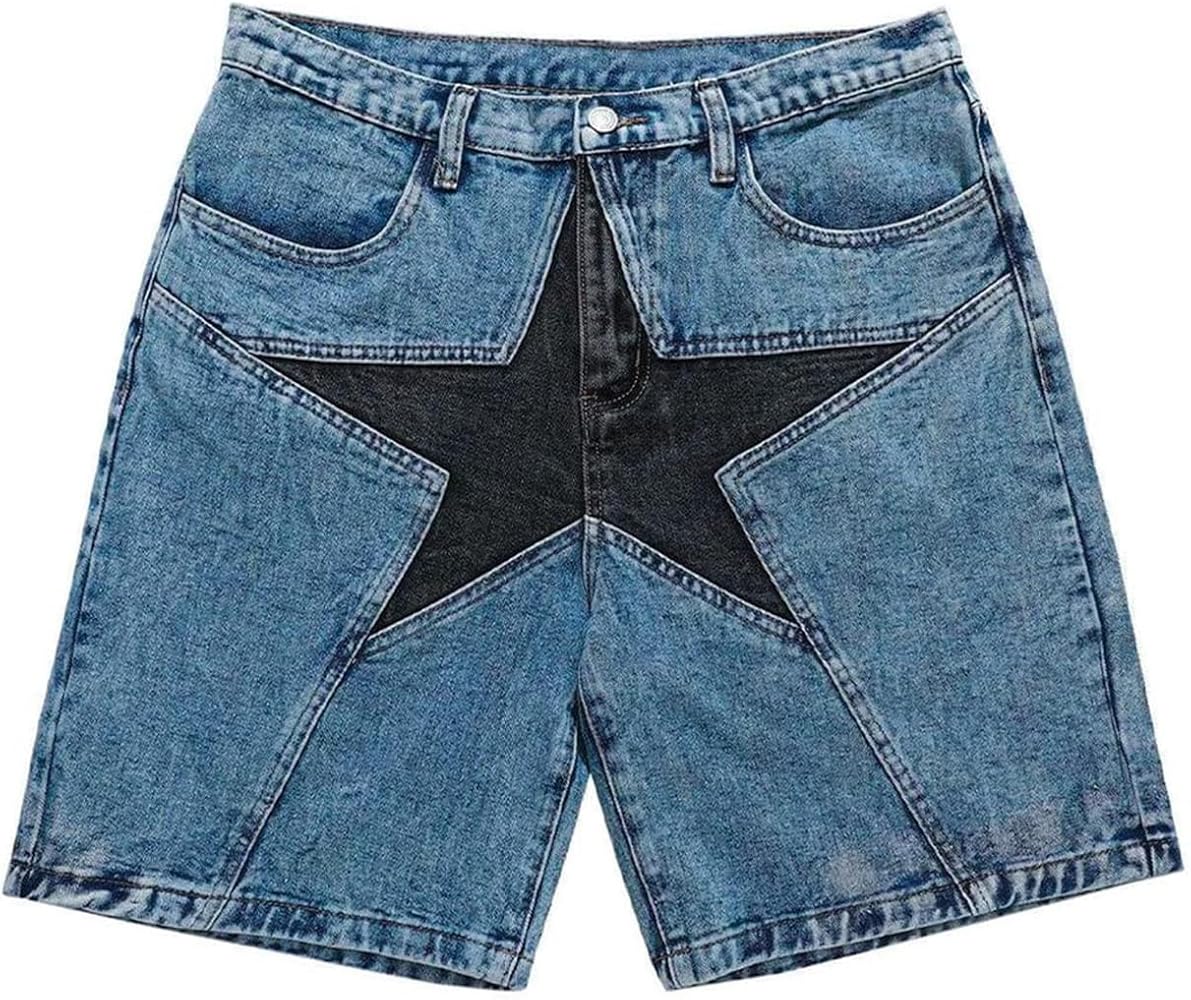 Vamtac Mens Star Denim Shorts Baggy Jeans Casual Summer Shorts Streetwear 90s Patchwork Jeans Shorts Unisex