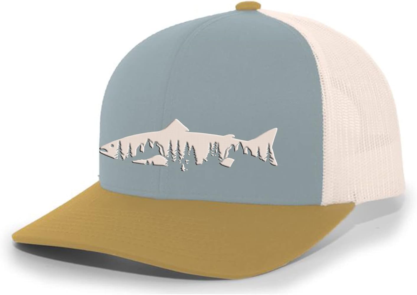 Heritage Pride Freshwater Fish Forest Mountain Scenic Salmon Mens Embroidered Mesh Back Trucker Hat