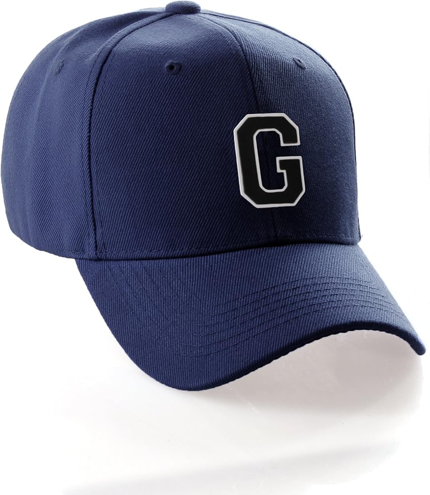 Classic Baseball Hat Custom A to Z Initial Team Letter, Navy Cap White Black