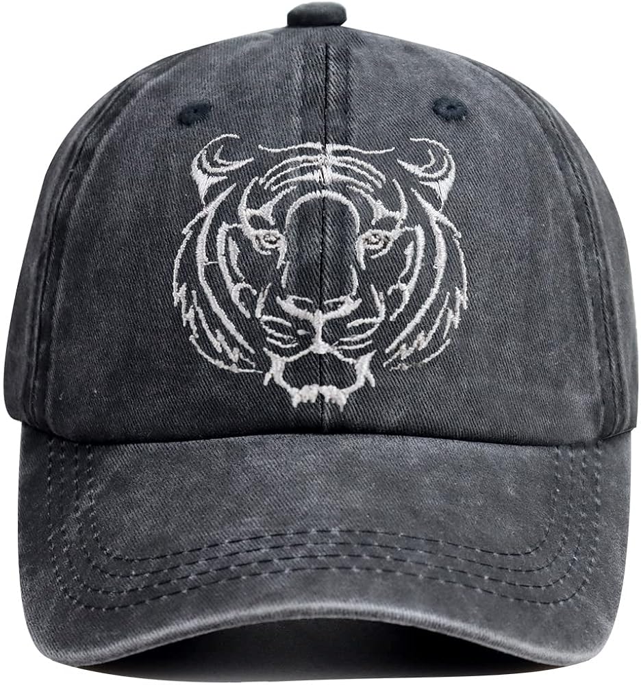 Embroidered Funny Tiger Head Hat, Distressed Cotton Wash Baseball Cap for Jungle Zoo Wild Animal Lover Gifts