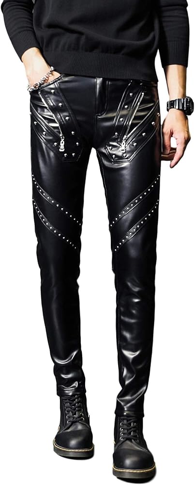 Men`s Rock Steampunk Studded PU Leather Pants Slim Fit with Rivet