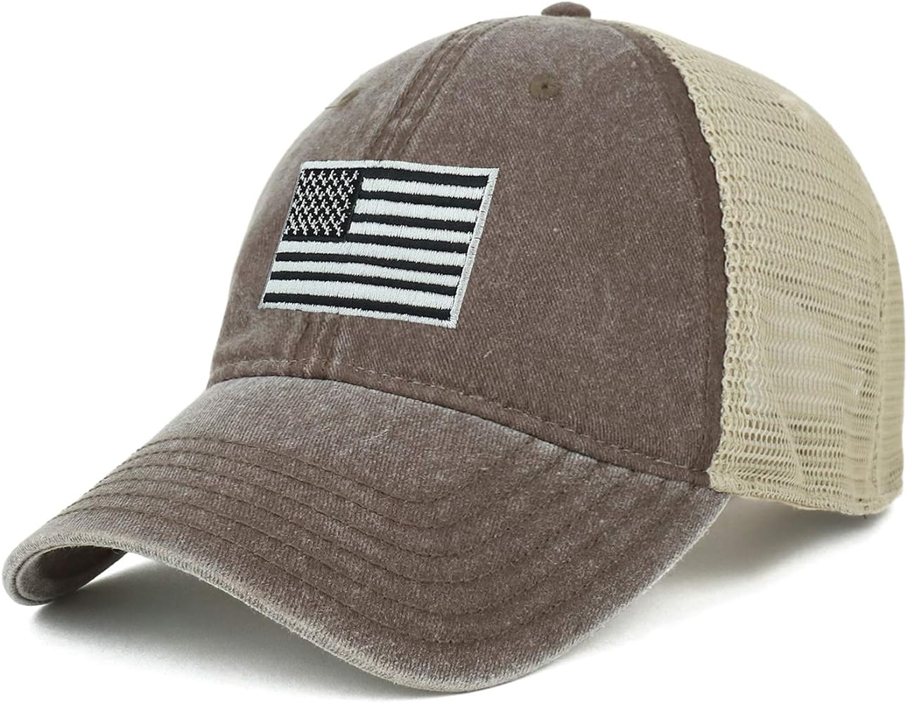 Oversize XXL Grey American Flag Embroidered Washed Trucker Mesh Cap