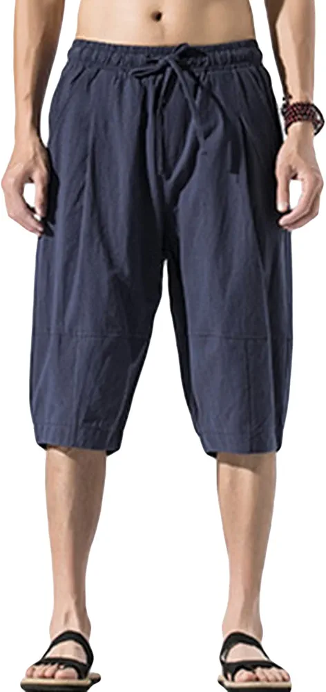 Men's Baggy Linen Shorts Casual Lightweight Summer Beach Short Elastic Waist Drawstring Gym Yoga Short Pants (Dark Blue,XX-Large)