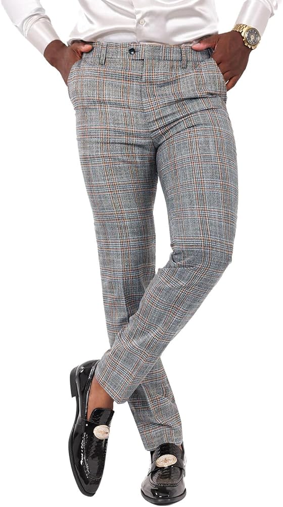 Barabas Men's Printed Checkered Plaid Design Chino Pants 2CP188