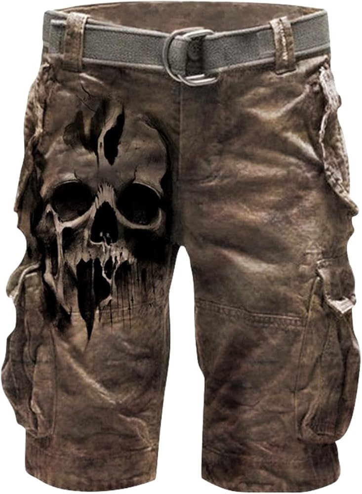 Relaxed Fit Cargo Shorts for Men Casual Outdoor Multi-Pocket Skull Print Shorts Twill Lightweight Short Pants