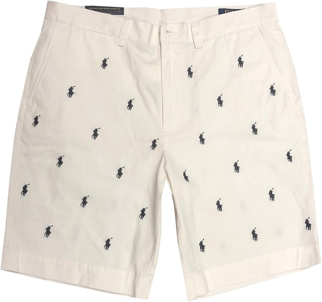 Polo Ralph Lauren Mens Stretch Classic Fit Flat-Front 9" Pony Logo Chino Shorts (40, White/Navy Pony)