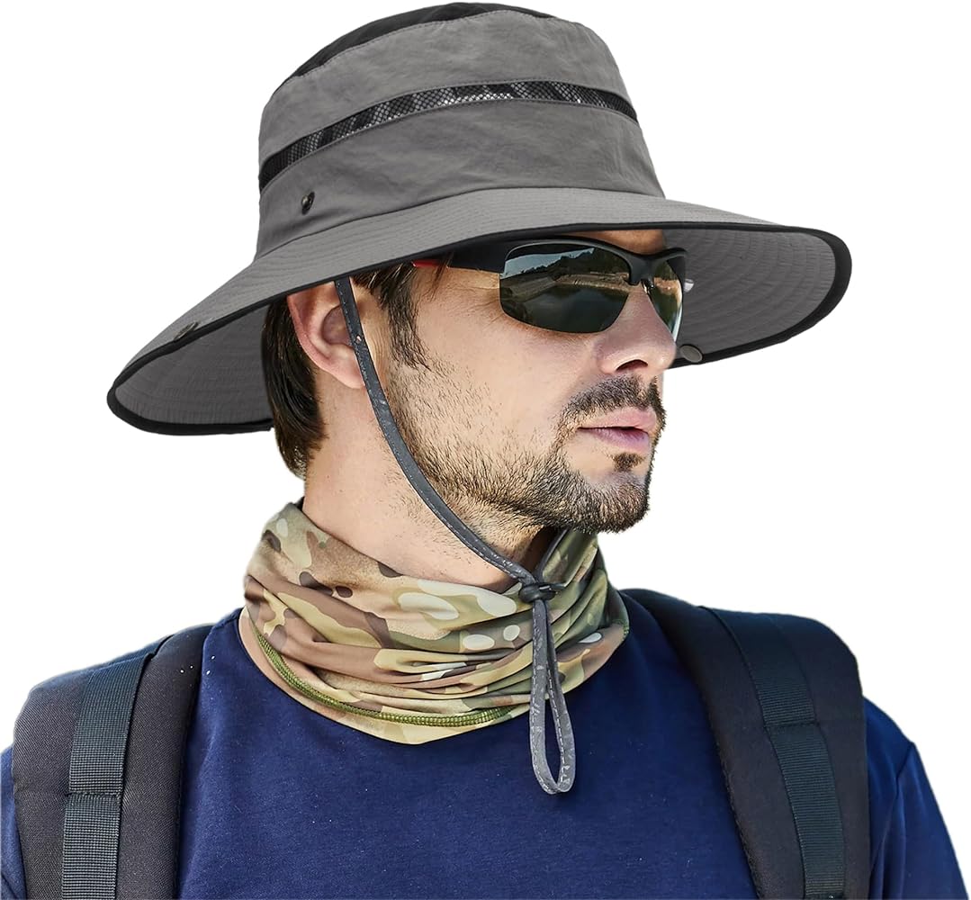 Men's Beach-Sun-Hat UPF50+ Wide-Brim Sun-Protection Mesh-Fishing Hat Outdoor Foldable-Bucket Safari Hat Boonie Cap