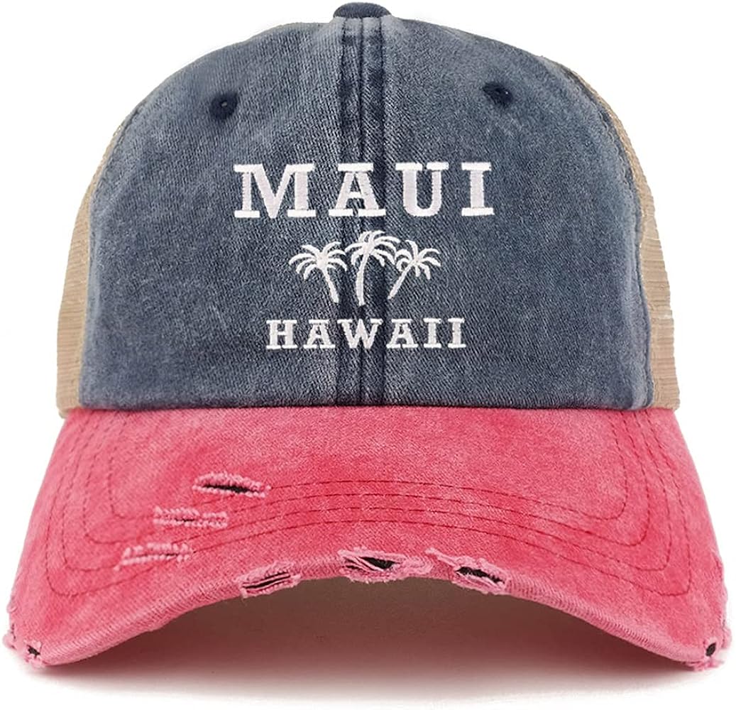 Trendy Apparel Shop Maui Hawaii with Palm Tree Embroidred Pigment Dyed Mesh Back Frayed Bill Cap