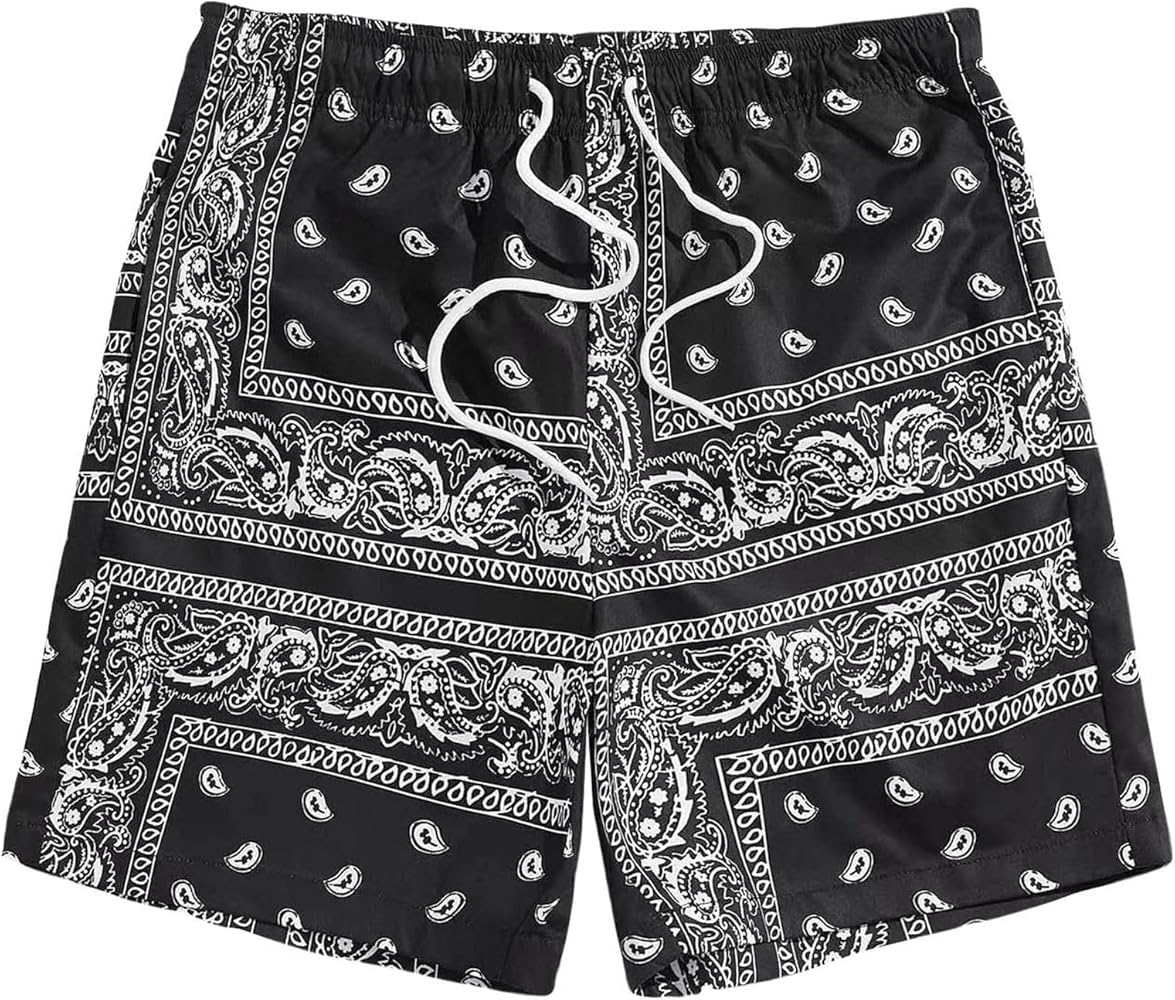 Men's Boho Tribal Bandana Print Paisley Shorts, Drawstring Waist Summer Beach Hawaiian Cool Graphic Mens Shorts with Pockets