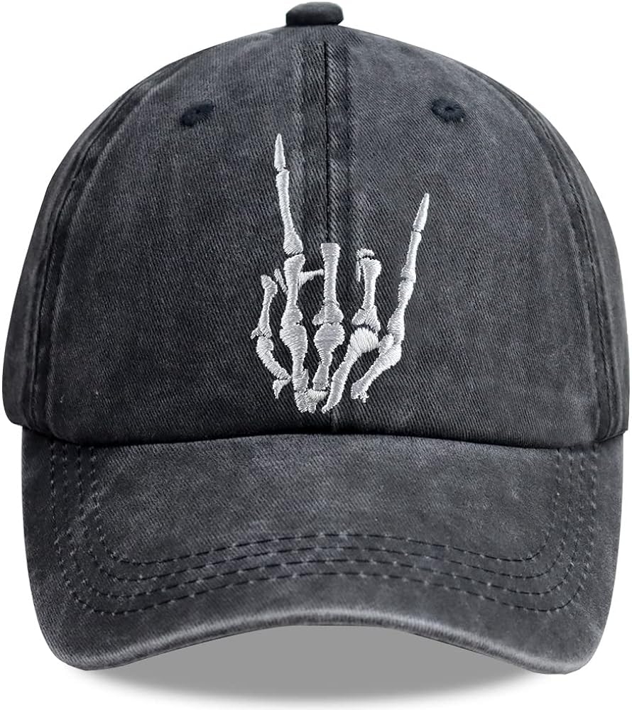 Unisex Skull Skeleton Hand Hat, Embroidered Halloween Bones Finger Adjustable Washed Cotton Denim Baseball Cap